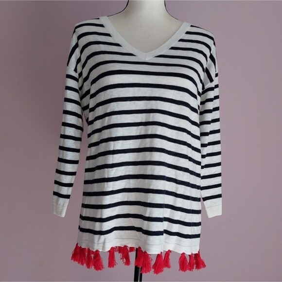Talbots Tops - Talbots Cotton Blend V-Neck Black White Stripe 3/4 Sleeves Knit Top Size S NWT